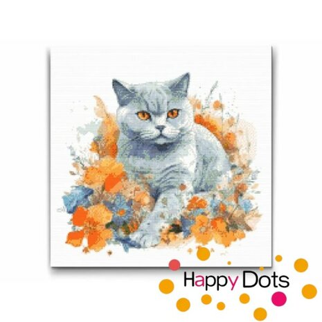 Diamond Painting Cat with Flowers - British Shorthair