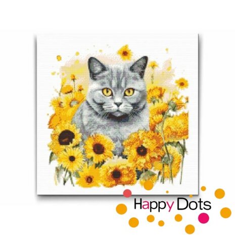 Diamond Painting Cat with Sunflowers - British Shorthair