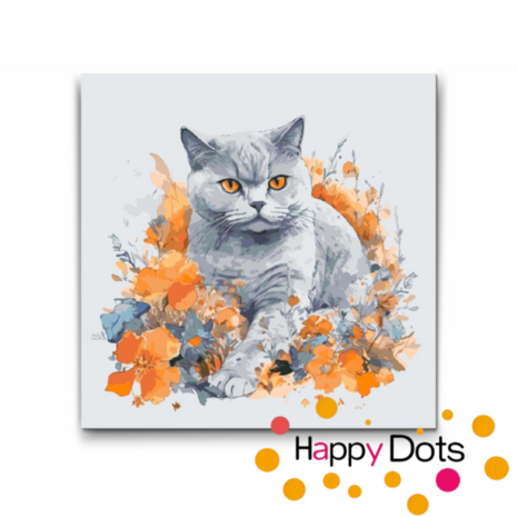 Peinture par numero Chat avec fleurs - British Shorthair