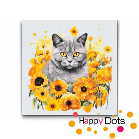 Peinture par numero Chat avec tournesols - British Shorthair