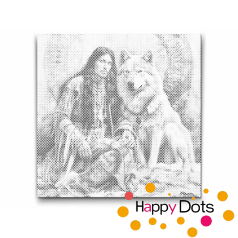 DOT Painting Indian with wolf 02