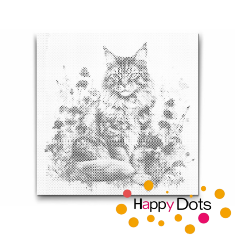 DOT Painting Cat with Flowers - Maine Coon 01