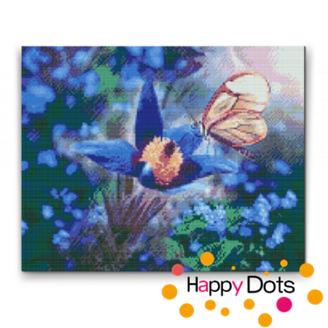 Diamond Painting Papillon sur fleur bleue