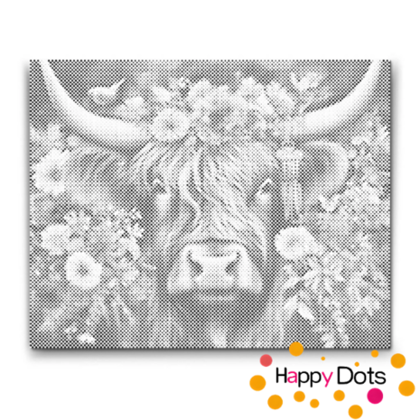 DOT Painting Vache des Highlands avec des fleurs