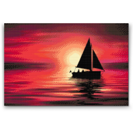 Diamond Painting Boot bei rotem Sonnenuntergang